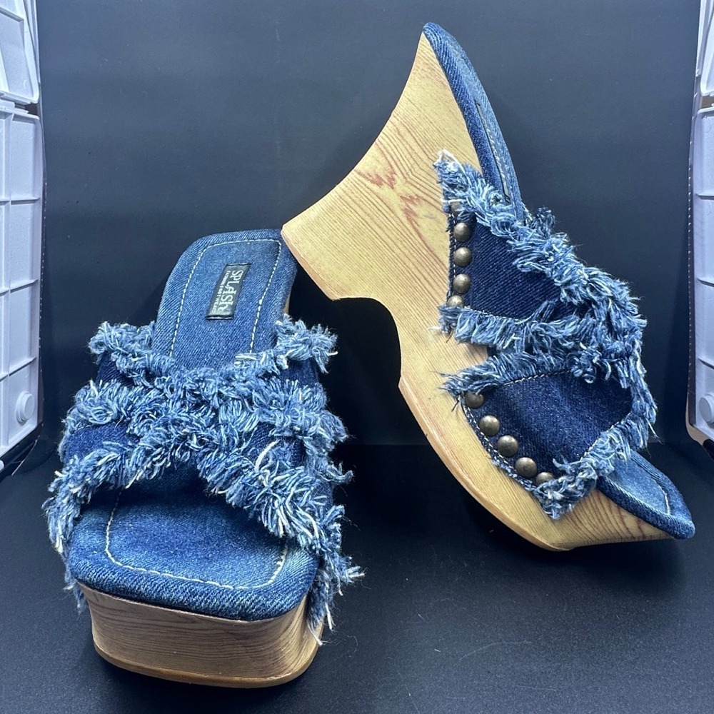 Splash Y2K Denim Wedge Sandals Womens Size 8 Blue Frayed Studded Platform Slides
